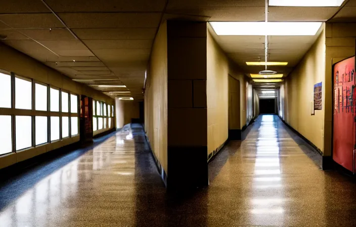Prompt: a dimly lit, empty school hallway
