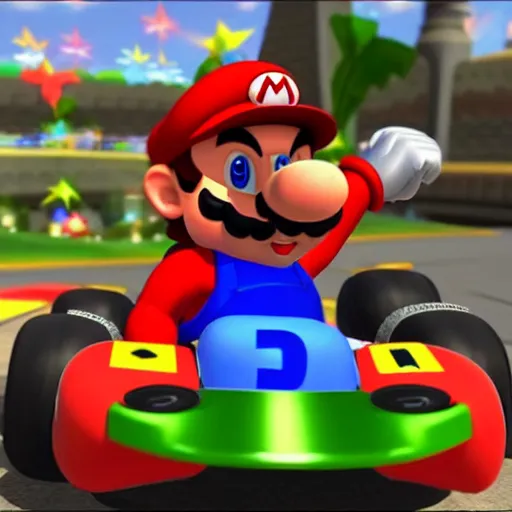 Prompt: franco in mario kart, circuit of the valley of the fallen