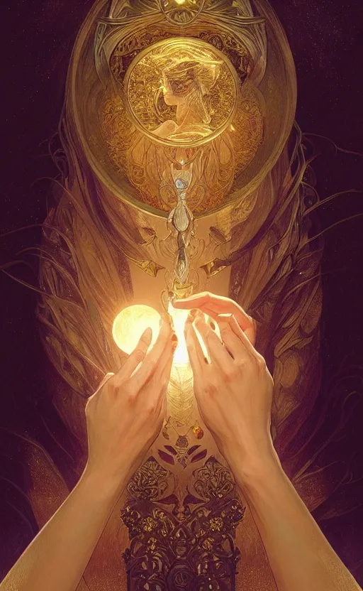 Image similar to masterpiece of beautiful hands close to a candle in dark room, cinematic, powerful, moon beams dramatic light, highly, intricate gold elements, hollow souls, detailed, digital painting, artstation, concept art, sharp focus, illustration, art by artgerm and greg rutkowski and alphonse mucha