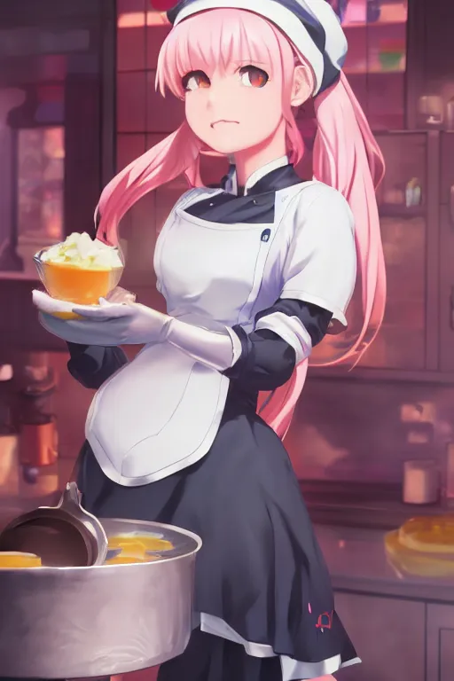 Image similar to a cute android maid girl cooking breakfast, character art portrait, anime key visual, official media, illustrated by wlop, extremely detailed, 8 k, trending on artstation, cinematic lighting, beautiful,