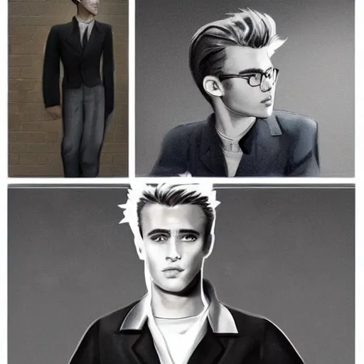 Image similar to a highly detailed epic cinematic concept art CG render digital painting artwork costume design: young James Dean as a well-kept neat perfect formal student in a 1950s USSR school uniform. By WLOP, Stanley Artgerm Lau, Ruan Jia and Fenghua Zhong, trending on ArtStation, made in Maya, Blender and Photoshop, octane render, excellent composition, cinematic atmosphere, dynamic dramatic cinematic lighting, aesthetic, very inspirational, arthouse