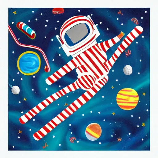 Prompt: painting of astronaut cat in space, candy canes in space, candy cane asteroid belt, candy canes flying in space, cat in astronaut suit in space