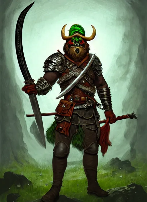 Image similar to strong young man, photorealistic bugbear ranger holding a flaming sword, black beard, dungeons and dragons, pathfinder, roleplaying game art, hunters gear, jeweled ornate leather and steel armour, concept art, character design on white background, by alan lee, norman rockwell, makoto shinkai, kim jung giu, poster art, colours red and green