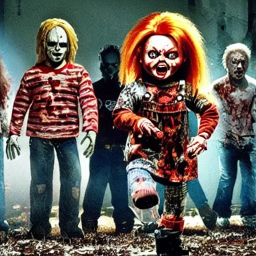 Image similar to Chucky the killer doll from the movie Child's Play surrounded by zombies in a still from the movie Dawn of the Dead 8k hdr