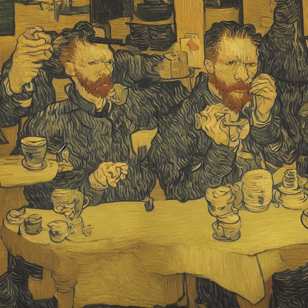 Image similar to van gogh drinking tea in chengdu, by lijiayan, trending on artstation.