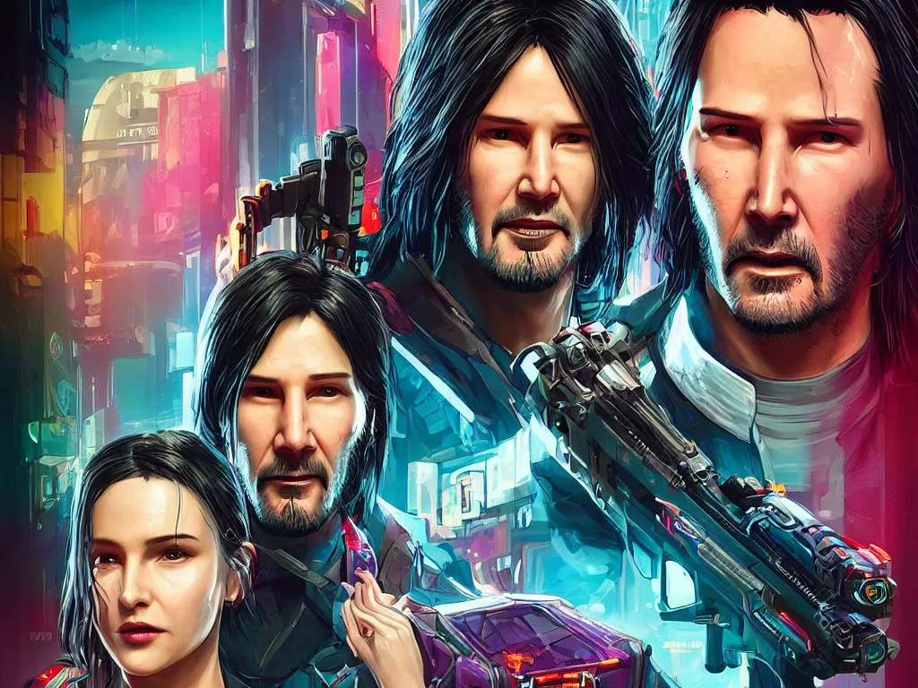 Image similar to a cyberpunk 2077 couple portrait of Keanu Reeves as Johnny Silver hand and female V in daily life ,love story, pray, hug, hold, kiss, film lighting, by Laurie Greasley, William Morris, Dan Mumford, John Wick, Speed, Replicas, Destination Wedding, The Lake House, artstation, full of color, Digital painting, face enhance, highly detailed,8K, octane, golden ratio, cinematic lighting