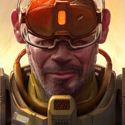 Image similar to gordon freeman as doomguy, au naturel, hyper detailed, digital art, trending in artstation, cinematic lighting, studio quality, smooth render, unreal engine 5 rendered, octane rendered, art style by klimt and nixeu and ian sprigger and wlop and krenz cushart