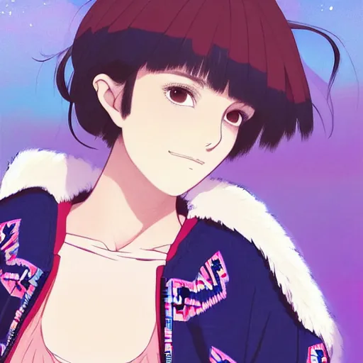 Image similar to a beautiful! boyish! natalie portman alluring gravure! model, wearing oversized aztec bomber jacket and leotard, poofy bomber jacket with mayan patterns, gapmoe yandere grimdark, trending on pixiv fanbox, painted by greg rutkowski makoto shinkai takashi takeuchi studio ghibli, akihiko yoshida