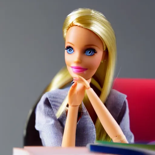 Image similar to a barbie doll with an exhausted!!!! expression sits at a desk with several large stacks of paper on it. her head is resting on her hand. golden hour, photorealistic,