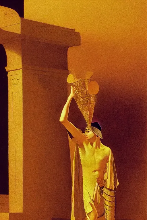 Prompt: a haughty pharaoh on a golden throne, digital painting by maxfield parrish and caravaggio, photorealistic