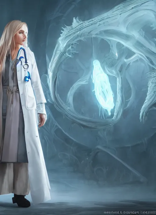 Image similar to a female doctor in white coat, ultra detailed fantasy, elden ring, realistic, dnd, rpg, lotr game design fanart by concept art, behance hd, artstation, deviantart, global illumination radiating a glowing aura global illumination ray tracing hdr render in unreal engine 5