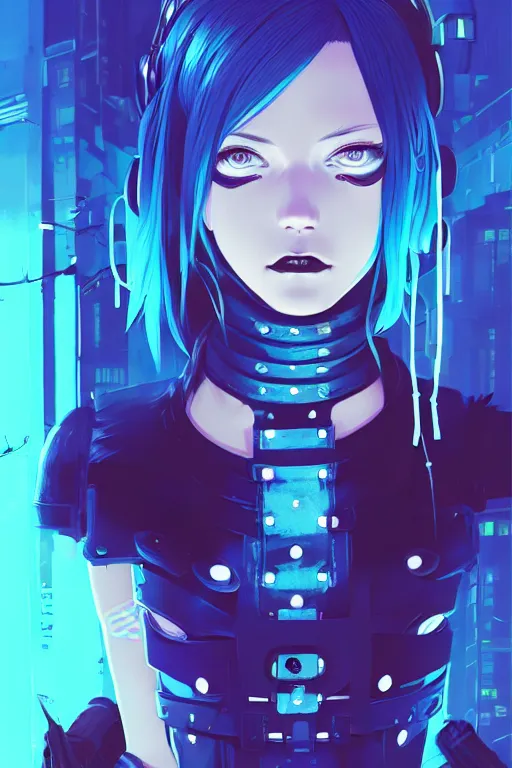 Prompt: digital illustration portrait of cyberpunk pretty girl metal skull armor with blue hair, wearing dominatrix outfit, in city street at night, by makoto shinkai, ilya kuvshinov, lois van baarle, rossdraws, basquiat