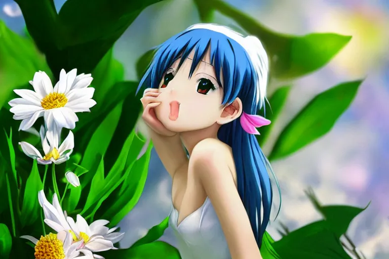 Image similar to (anime Tinkerbell) kissing a flower, hyper realism, macro shot