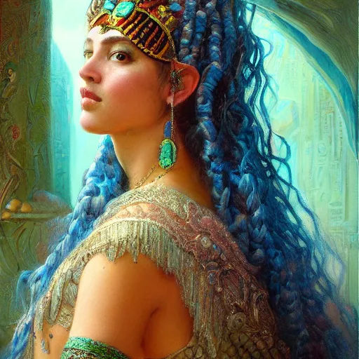 Image similar to artstation, intricate detail, hyper detail, portrait by gaston bussiere, tan skin, lady of elche, egyptian sumerian features, techno mystic goddess princess intergalactica inanna with aqua neon rapunzel dreadlocks,