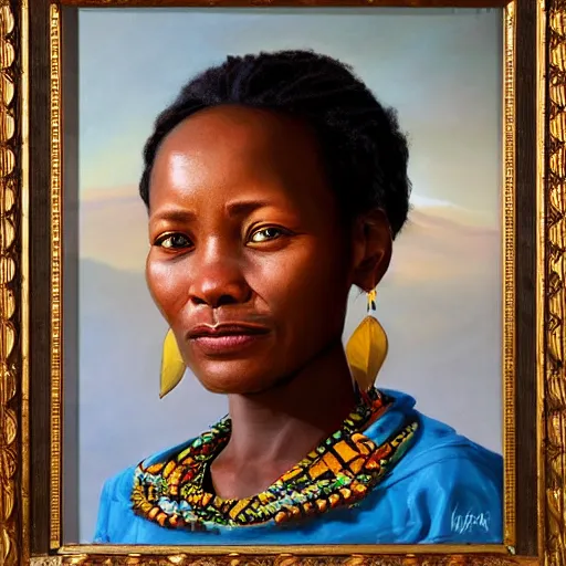 Prompt: portrait of a shona people woman ( 3 5 ) from zimbabwe in 2 0 2 1, an oil painting by ross tran and thomas kincade