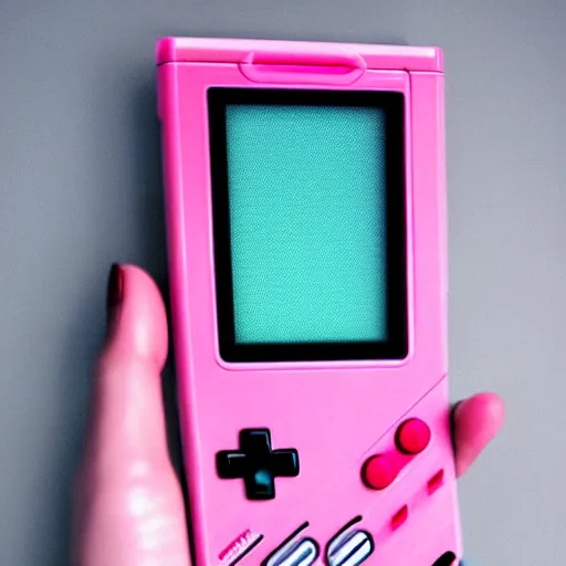 Image similar to a nintendo gameboy color made of pink bubblegum