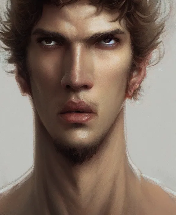 Prompt: portrait close up of man loook at the camera in symmetry. concentrated look, symmetry, with an explosion on the back, d & d, fantasy, intricate, elegant, highly detailed, digital painting, artstation, concept art, art by artgerm and greg rutkowski and alphonse mucha, boris vallejo