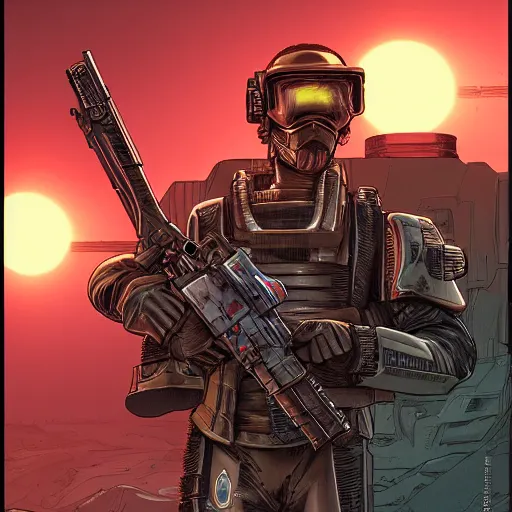 Image similar to a cyberpunk soldier with tactical gear and a rifle on mars, Industrial Scifi, detailed illustration, character portrait, by Martin Grip and Moebius