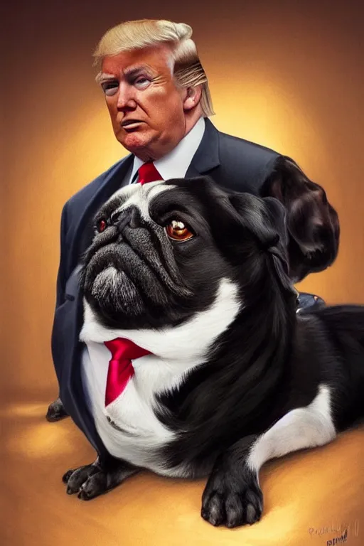 Image similar to photorealistic portrait photograph of donald trump with a black pugalier, handsome, depth of field, soft focus, highly detailed, intricate, realistic, national geographic cover, soft glow, textured, artstation, concept art, sharp focus, illustration, art by artgerm and greg rutkowski and alphonse mucha