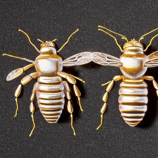 Prompt: portrait of four 3d bees made of metal, shiny, performing onstage like the Beatles