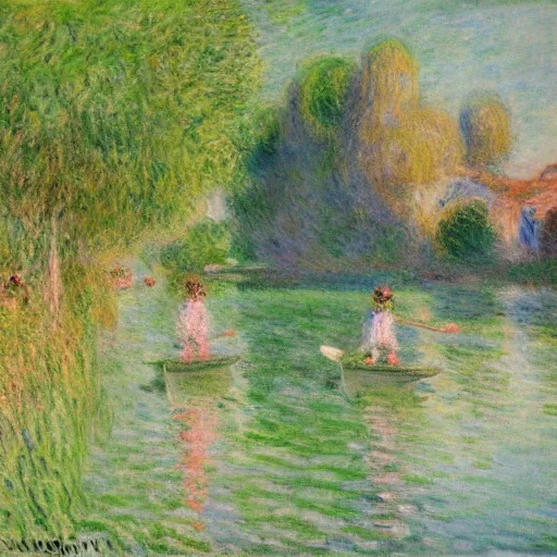 Image similar to an art gallery displaying monet paintings. the art gallery is flooded. robots are going around the art gallery using paddle boards.