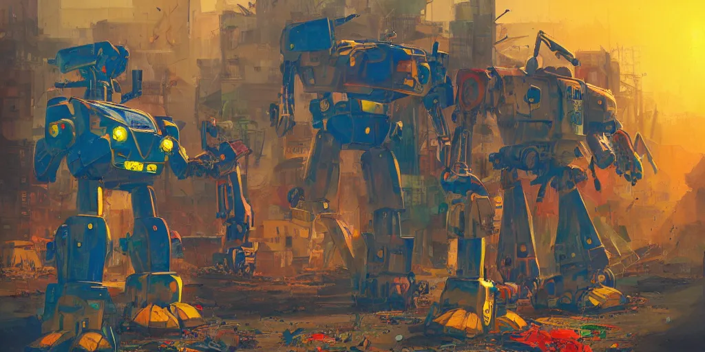 Image similar to colourful - damaged - giant mecha ROBOT of AJEGUNLE SLUMS in Lagos, markings on robot, Golden Hour, painting by Hsiao-Ron Cheng,