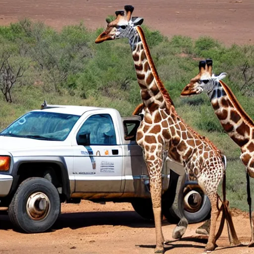 Prompt: a giraffe in a safari truck in south africa watching humans drink water mid dat