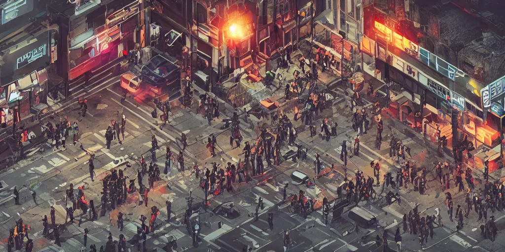 Image similar to aerial isometric photo, riot in a cyberpunk city, police use special equipment against the crowd on a square, high detail art, evening, police sirens in smoke, dark environment