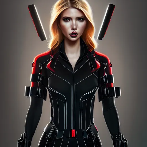 Image similar to Ivanka Trump as black widow, au naturel, hyper detailed, digital art, trending in artstation, cinematic lighting, studio quality, smooth render, unreal engine 5 rendered, octane rendered, art style by klimt and nixeu and ian sprigger and wlop and krenz cushart