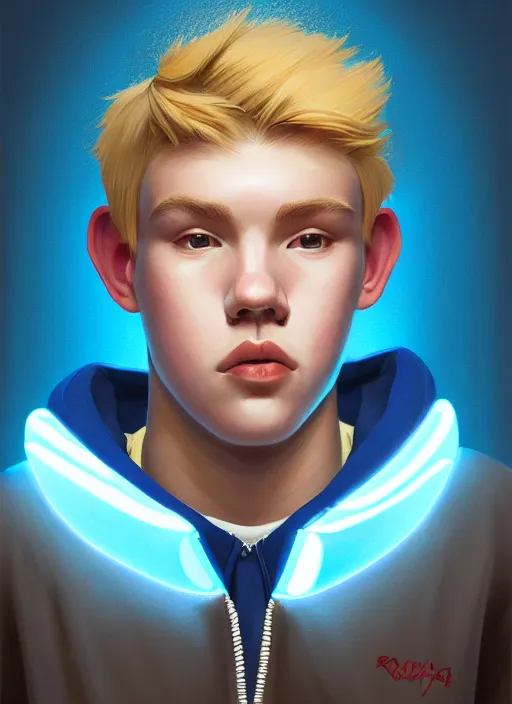 Image similar to portrait of high school senior boy named big moose, blonde short hair, jock, beefy, wide face, square jaw, square facial structure, blue varsity jacket with letter r, intricate, elegant, glowing lights, highly detailed, digital painting, artstation, concept art, sharp focus, illustration, art by wlop, mars ravelo and greg rutkowski