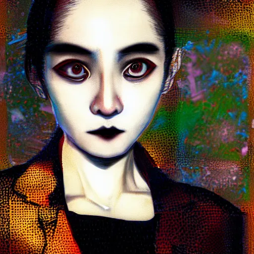 Prompt: yoshitaka amano blurred and dreamy realistic three quarter angle portrait of a young woman with black lipstick and black eyes wearing blazer and shirt with tie, junji ito abstract patterns in the background, satoshi kon anime, noisy film grain effect, highly detailed, renaissance oil painting, weird portrait angle, blurred lost edges