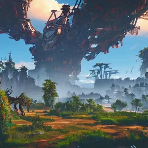 Image similar to A Landscape with a city in the style of horizon zero dawn