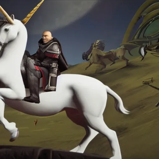 Image similar to commander zavala riding a unicorn