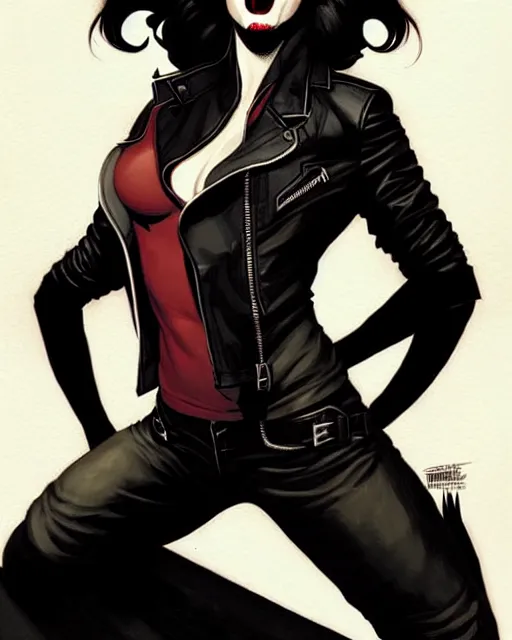 Image similar to rafael albuquerque comic art, peter mohrbacher, steve niles, phil noto, artgerm, pretty scarlett johansson vampire sharp vampire teeth open mouth, symmetrical eyes, black leather jacket, jeans, long blonde hair