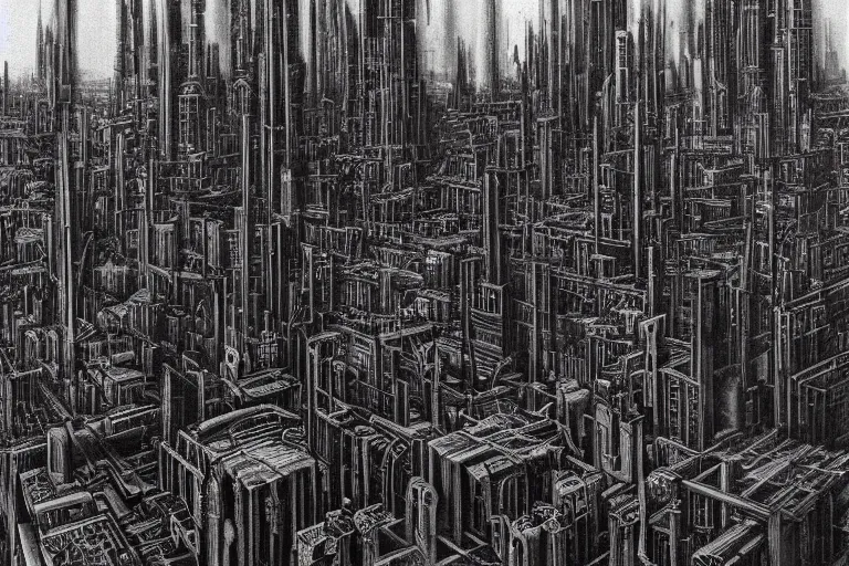 Prompt: Dystopian Cityscape by H.R. Giger