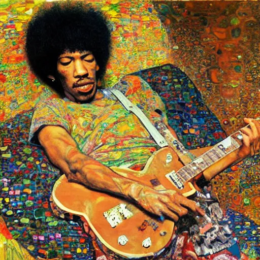 Image similar to Jimy Hendrix playing by Kent Williams and Gustav Klimt