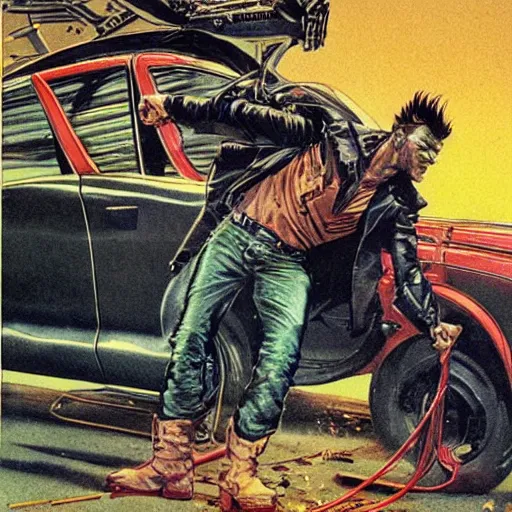 Image similar to shocking of a horrifying picture of Gyro Gearloose smashing his car with a hammer. leather jacket, black makeup. character design by Bruce Pennington, detailed, inked, western comic book art