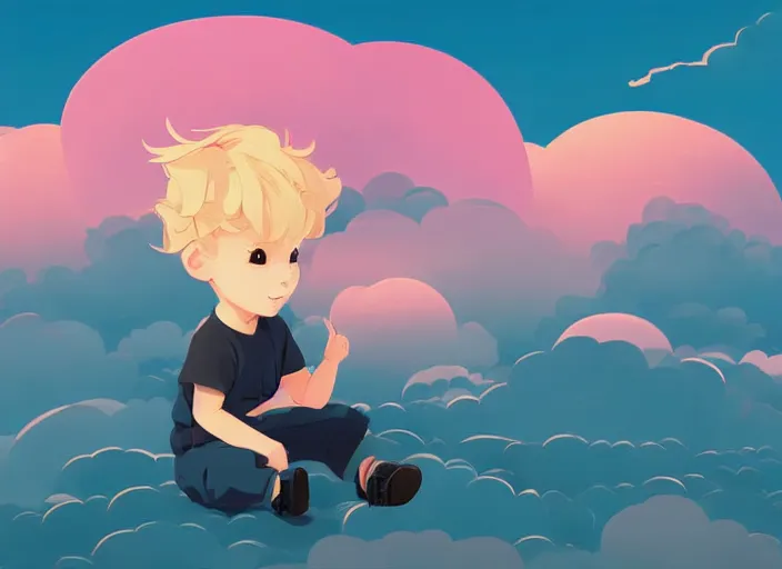 Image similar to a little boy with blonde hair sitting on a cloud in front of a pink and blue sunrise sky. clean cel shaded vector art. shutterstock. behance hd by lois van baarle, artgerm, helen huang, by makoto shinkai and ilya kuvshinov, rossdraws, illustration, art by ilya kuvshinov