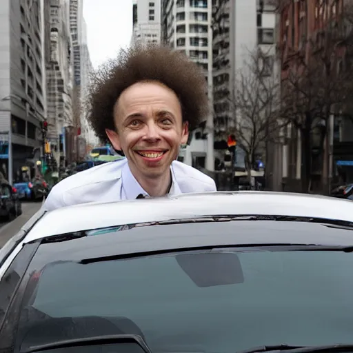malcolm gladwell happily driving a car stuck in traffic Stable