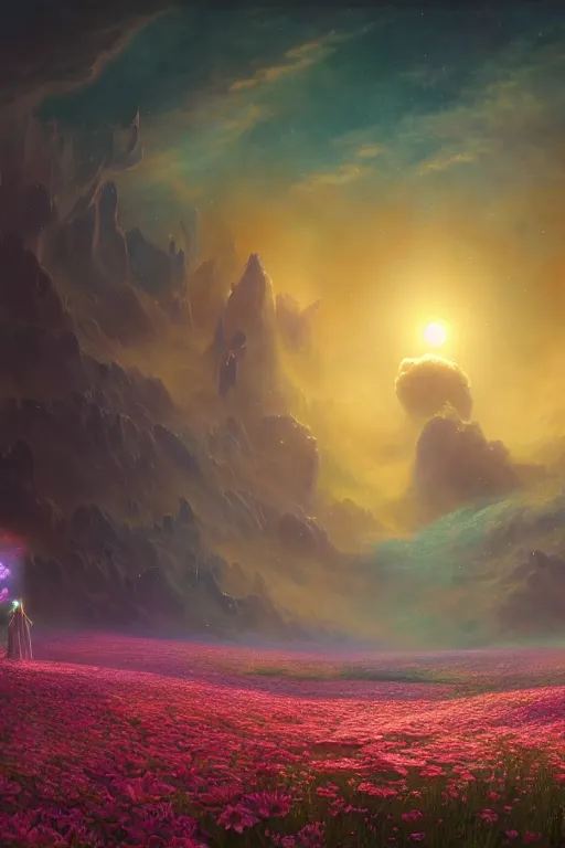 Image similar to imagine dragons in a flower cosmos, illustration, moody, chaotic, god, mist, nuclear explosion background, volumetric lighting, soft lighting, soft details, painting oil on canvas by ryan church and Edmund Blair Leighton, octane render, HDR, trending on artstation, 4k, 8k, HD