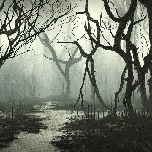 Prompt: A dark, dreary swamp, with rotting trees and vines, and creatures lurking in the shadows.