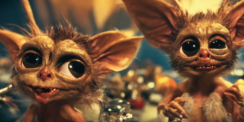 Prompt: Gremlins movie, the gremlins are so high on mdma, trending on Artstation, 8K, ultra wide angle, pincushion lens effect