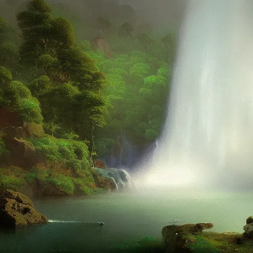 Prompt: Waterfall in a beautiful, green, lush paradise, creating mist in the lake below, trending artstation, cgsociety, 8k, hdr, hyper-detailed, digital painting by Aivazovsky