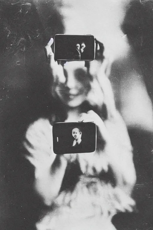 Prompt: 1 9 0 0 s photo of a person taking a selfie with an iphone photo grain double exposure masterpiece