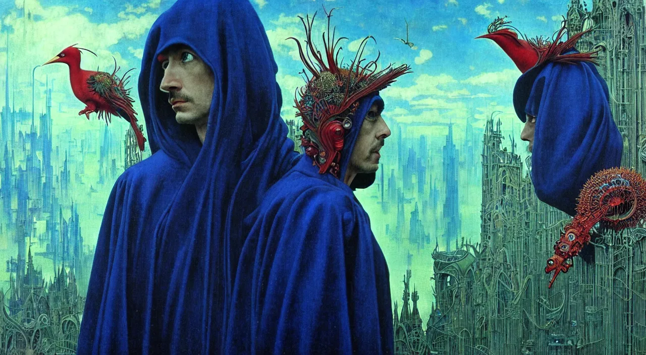 Image similar to realistic detailed portrait movie shot of a birdman wearing dark robes, sci fi city landscape background by denis villeneuve, amano, yves tanguy, alphonse mucha, ernst haeckel, max ernst, roger dean, masterpiece, rich moody colours, blue eyes, occult