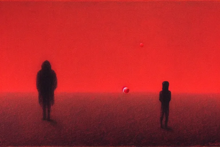 Image similar to only with red, a red shinigami eat apple, mars in background, an ancient path, in the style of beksinski, part by hopper, part by rodcenko, part by hofbauer, intricate composition, red by caravaggio, insanely quality, highly detailed, masterpiece, red light, artstation