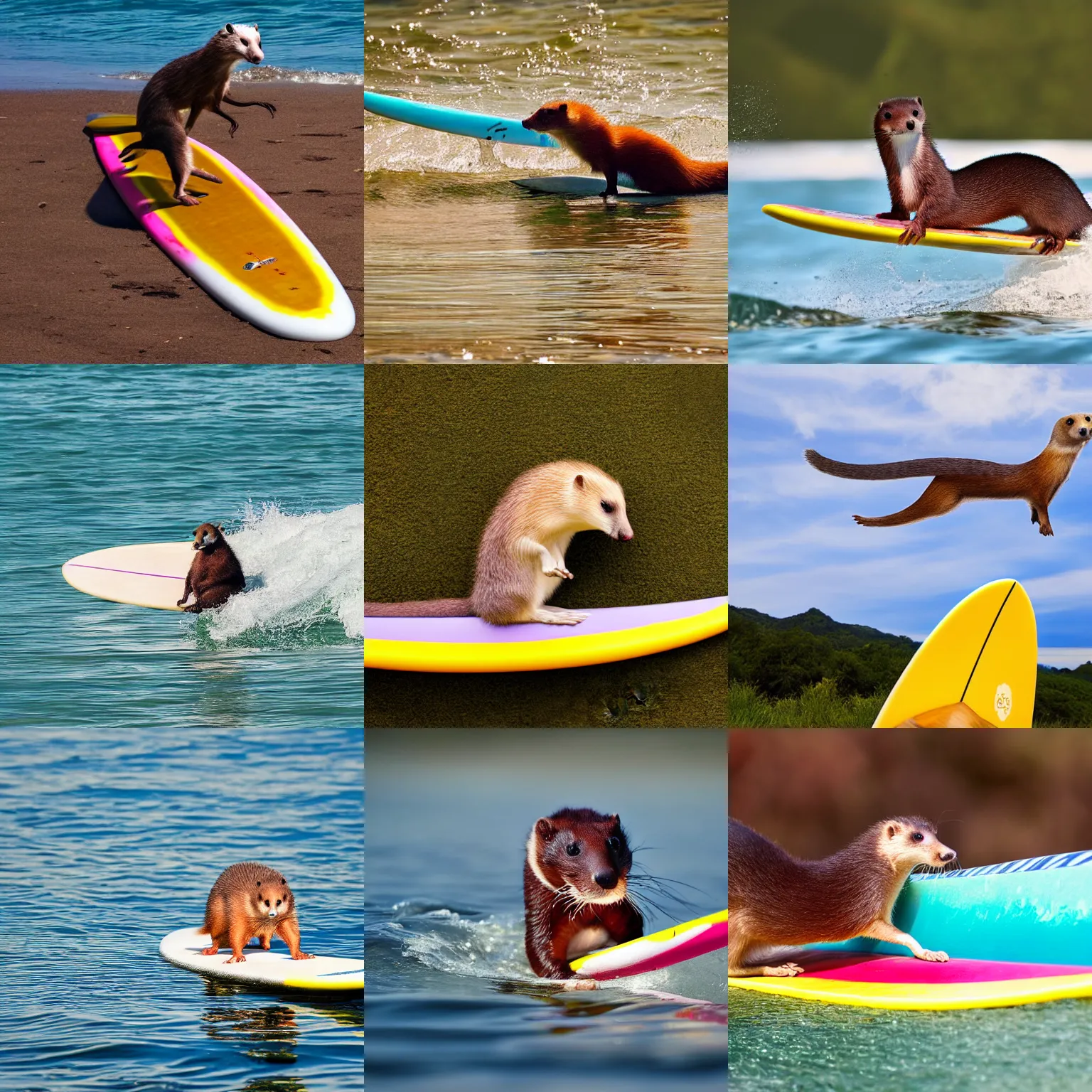 Prompt: a weasel riding a surfboard, colorful, professional photo, action