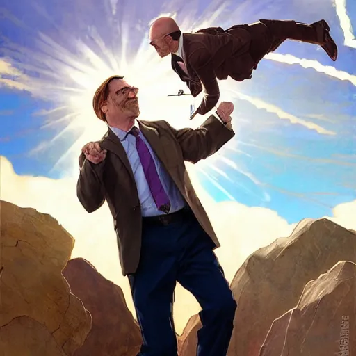 Image similar to saul goodman and walter white, fantasy character portrait, dynamic pose, above view, sunny day, very coherent asymmetrical artwork, sharp edges, perfect face, simple form, 1 0 0 mm by stanley artgerm lau, greg rutkowski, thomas kindkade, alphonse mucha, loish