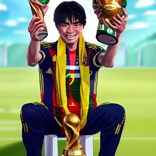Image similar to james rodrigez holding the world cup in captain tsubatsa, pixiv, high quality