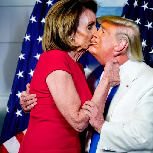Prompt: Nancy Pelosi kissing Nancy Pelosi in a bikini, Donald Trump laughing in the background, DSLR 50 mm